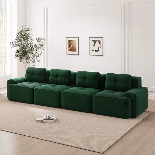 Divano modulare senza ossa - Zephmum- 4 posti, tessuto velluto, verde, design antiscivolo