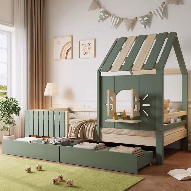 Letto casa-Xylo-90x200 cm-tetto, finestra, 2 cassetti, verde+naturale