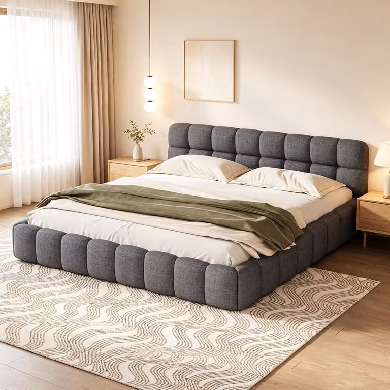 INONEFT Bubble Bett 140x190: Letto imbottito con rete a doghe, matrimoniale/letto per ragazzi, struttura letto con testiera imbottita, tessuto di lino, colore grigio