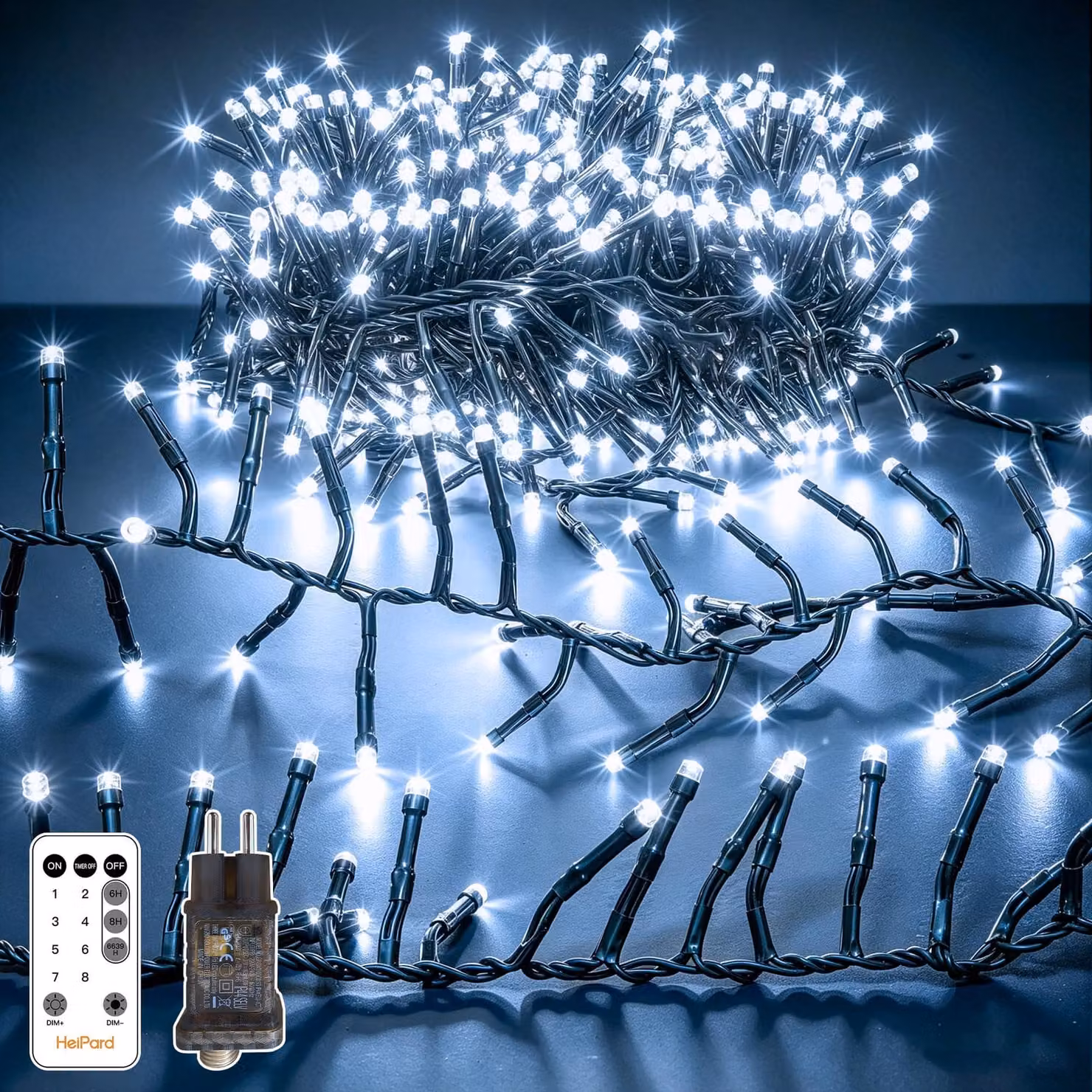 Catena luminosa a LED, 1000 LED, 15 metri, luce bianca fredda, grado di protezione IP44, con telecomando