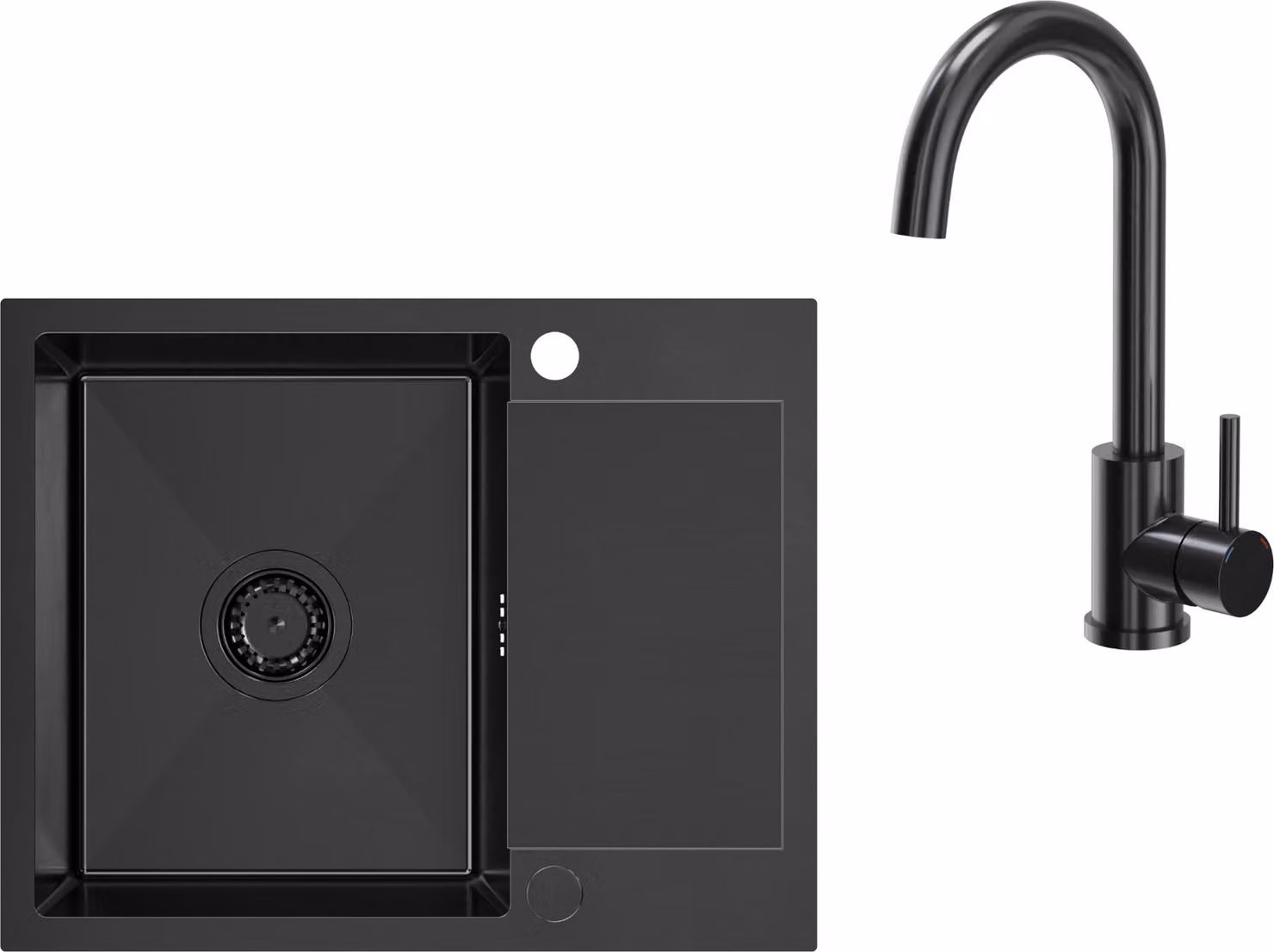 VBChome Lavello in acciaio inox con rubinetto 60 x 48 cm Nero Lavello da incasso a due fori Lavello da cucina a vasca grande con scolapiatti Rubinetto da cucina a sifone