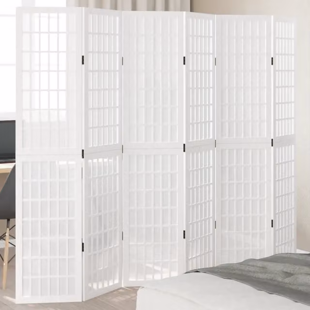 Divisorio Ambienti vidaXL con 6 Pannelli in Legno Massello di Paulownia Bianco, H: 180 cm, L: 215 cm