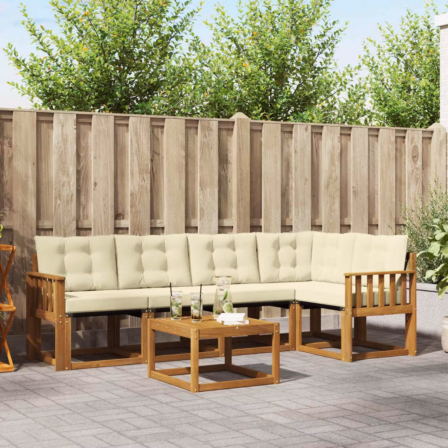 Set di divani da esterno vidaXL a forma di L composto da 6 pezzi in legno di acacia con cuscini inclusi, colore beige e marrone