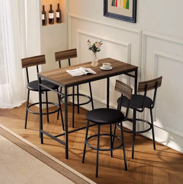 Set tavolo da bar 5 pezzi con 4 sgabelli in stile industriale, legno marrone e struttura in acciaio, per cucina e sala da pranzo