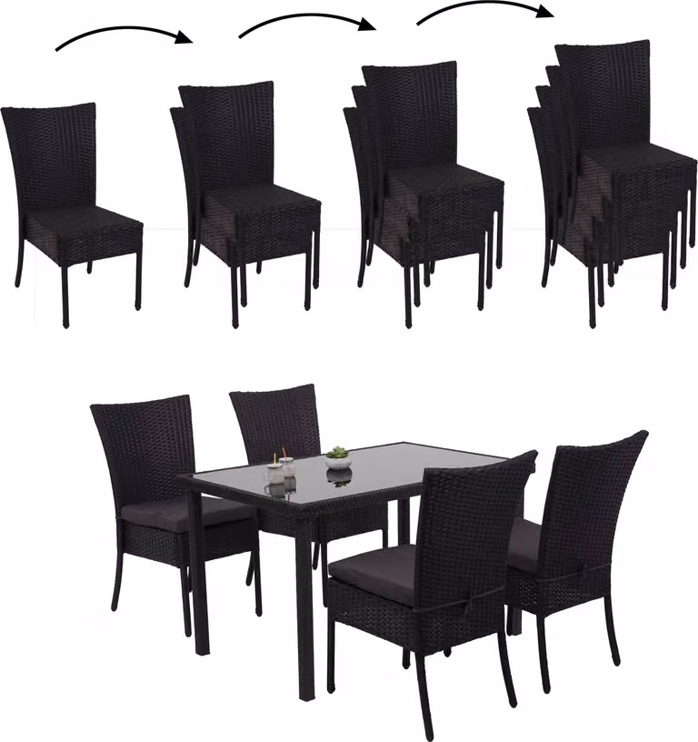 Set in polyrattan MCW-G19, set da balcone/salottino, 4 sedie + tavolo, 120x75 cm ~ nero, cuscini grigio scuro