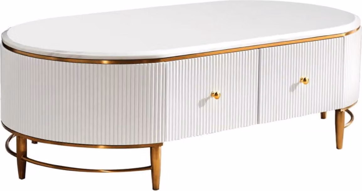 Tavolino Casa Padrino bianco / colori ottone / oro 130 x 70 x h. 42 cm - Tavolo da salotto moderno con 4 cassetti - Mobili da salotto moderni