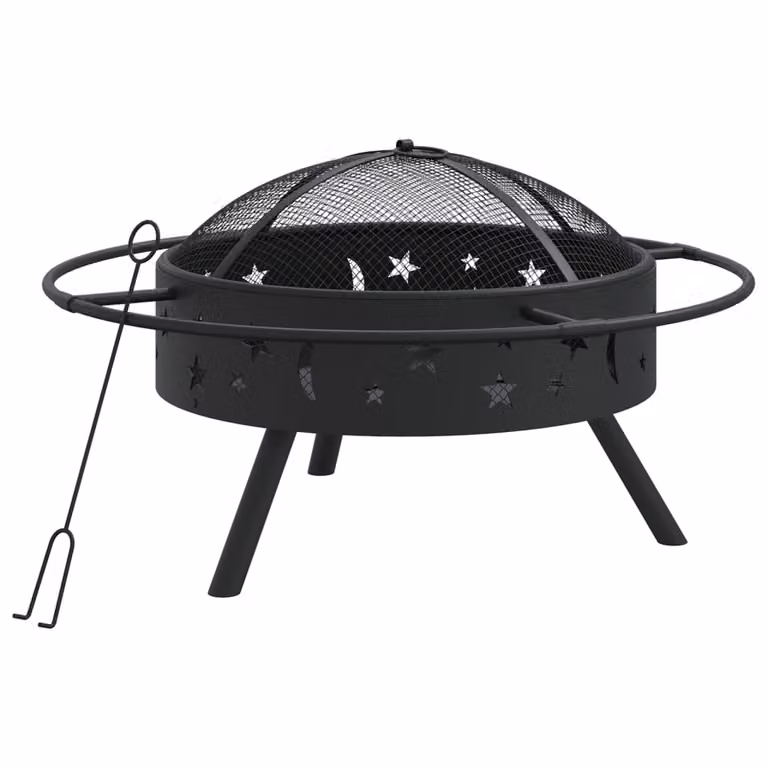 The Living Store Ciotola da fuoco con attizzatoio 70 cm XXL in acciaio