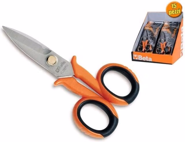Set di 15 forbici per elettricisti Beta 1128BMX-E15 in acciaio inox con microdentatura e espositore da banco arancione