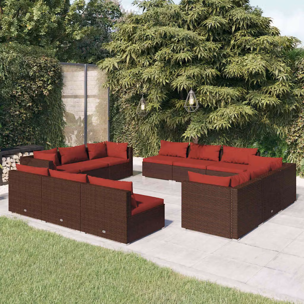 Set di divani da giardino vidaXL a forma di U con cuscini marroni e rossi in rattan e struttura in metallo per esterno