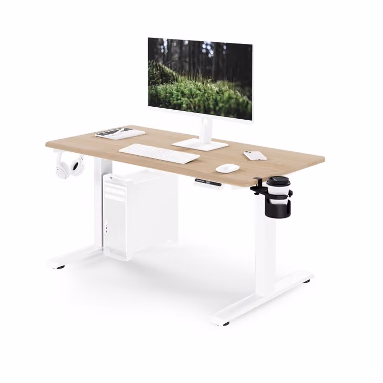 Scrivania ergonomica, regolabile in altezza, bianca/effetto legno Sonoma: 120 x 60 cm: ARIA