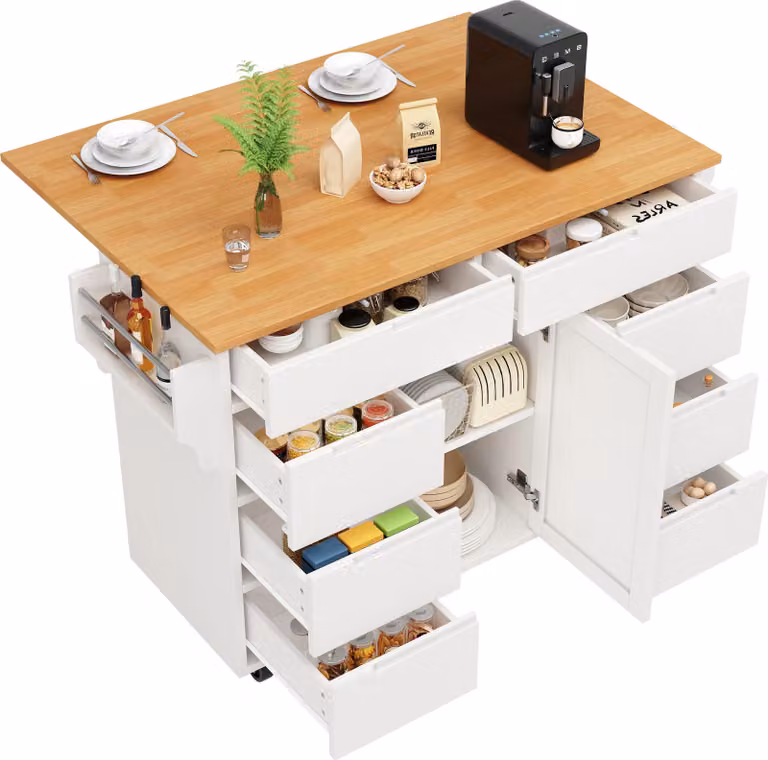 Isola da cucina, armadio da cucina, carrello da cucina estraibile con rotelle e piano di lavoro, carrello di servizio con ripiano per spezie e 8 cassetti, bianco