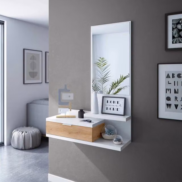 Mobile da ingresso Adina DMORA con specchio e cassetto, Bianco e Rovere nodi, L: 81 cm, P: 29 cm, H: 116 cm – 1
