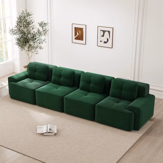 Divano modulare in tessuto corduroy con seduta profonda, base antiscivolo e braccioli larghi, verde senza montaggio