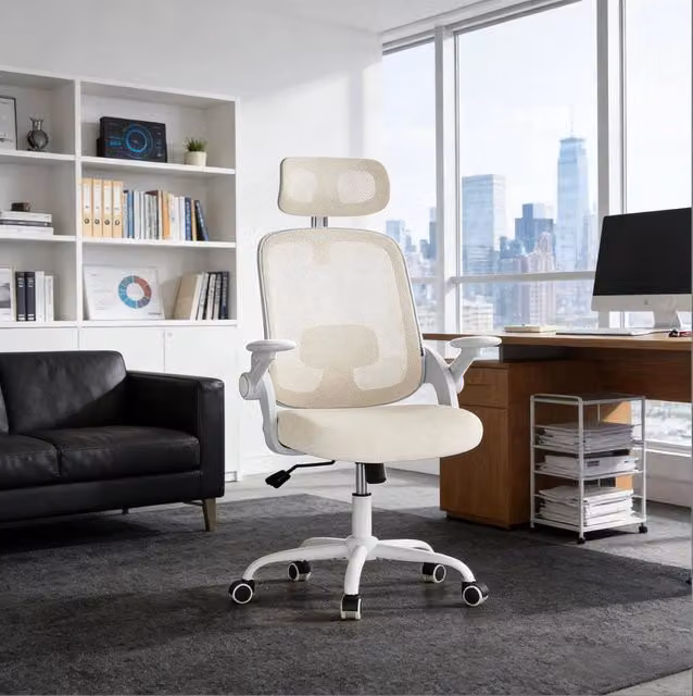 Sedia da ufficio ergonomica ULEVR con schienale alto in rete, poggiatesta regolabile e braccioli 3D, beige
