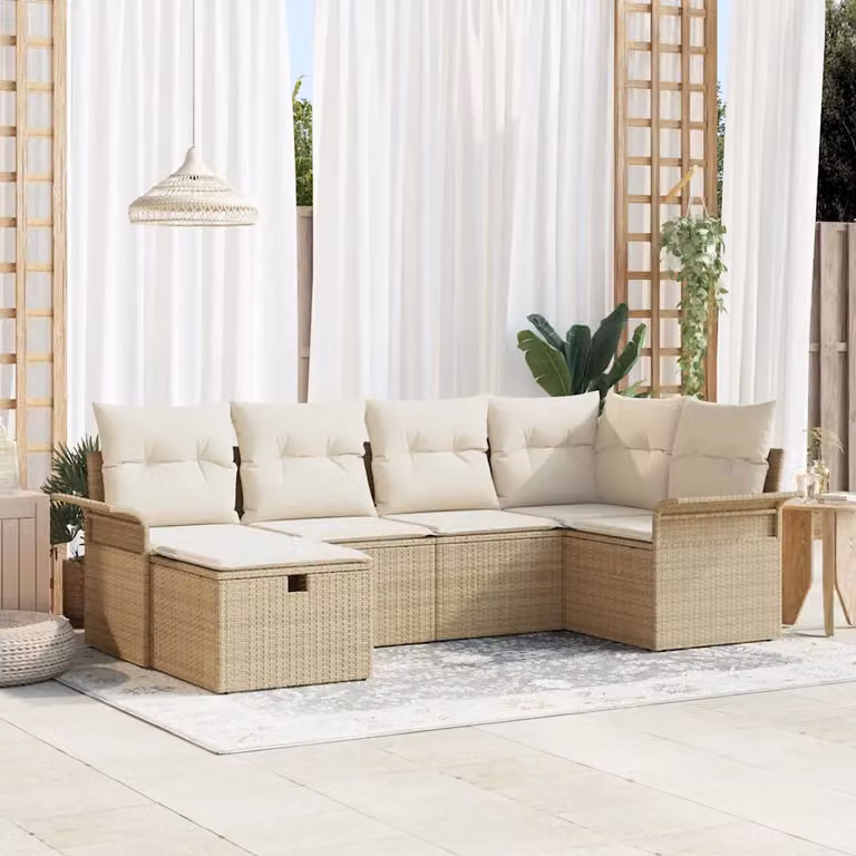Set Divano da Giardino vidaXL 6 Pezzi in Polyrattan Beige e Bianco con Cuscini e Tavolino da Esterno a Forma di L