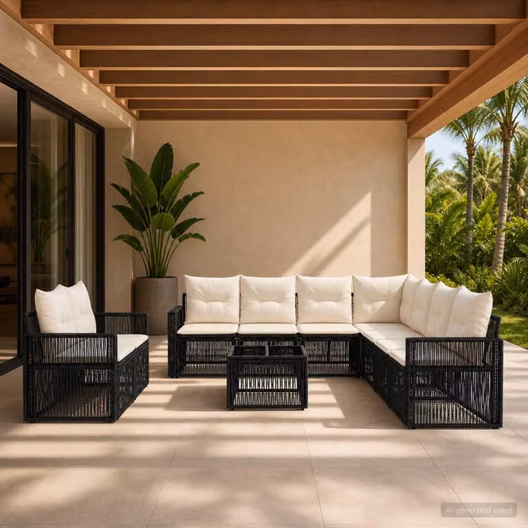 Maison Exclusive - Set da giardino composto da 10 pezzi. Divano da giardino in rattan sintetico, colore nero e crema