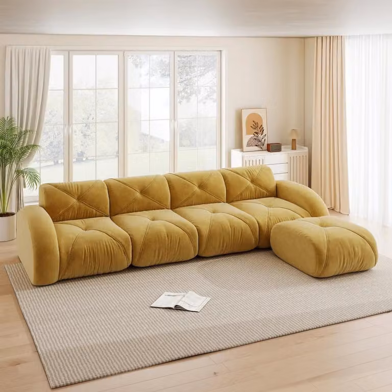 Divano modulare - Divano a forma di "U" per 4 persone - 1 poggiapiedi coordinato - Rivestimento in chenille - Stile moderno - Giallo