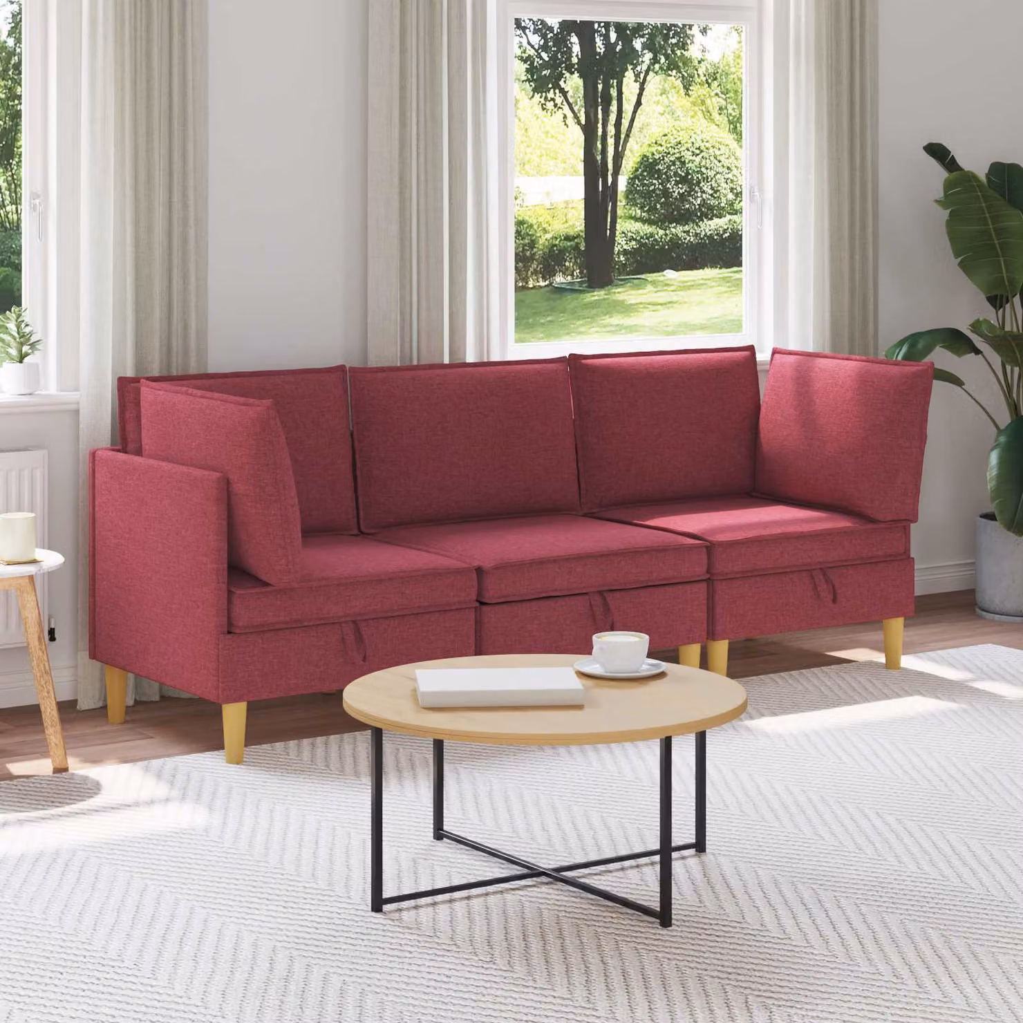 Set di divani modulari vidaXL a L in tessuto rosso con spazio di archiviazione, 3 pezzi