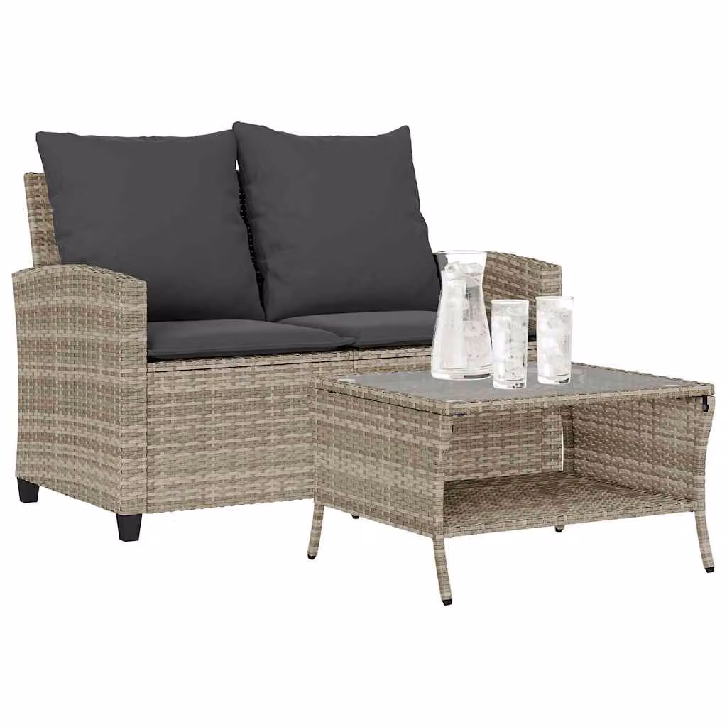 Set da giardino vidaXL con divano a 2 posti, tavolo in vetro e cuscini grigi in polyrattan e metallo