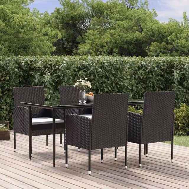 Set da Pranzo da Giardino 5 pz Nero con Cuscini in Polyrattan 3156778