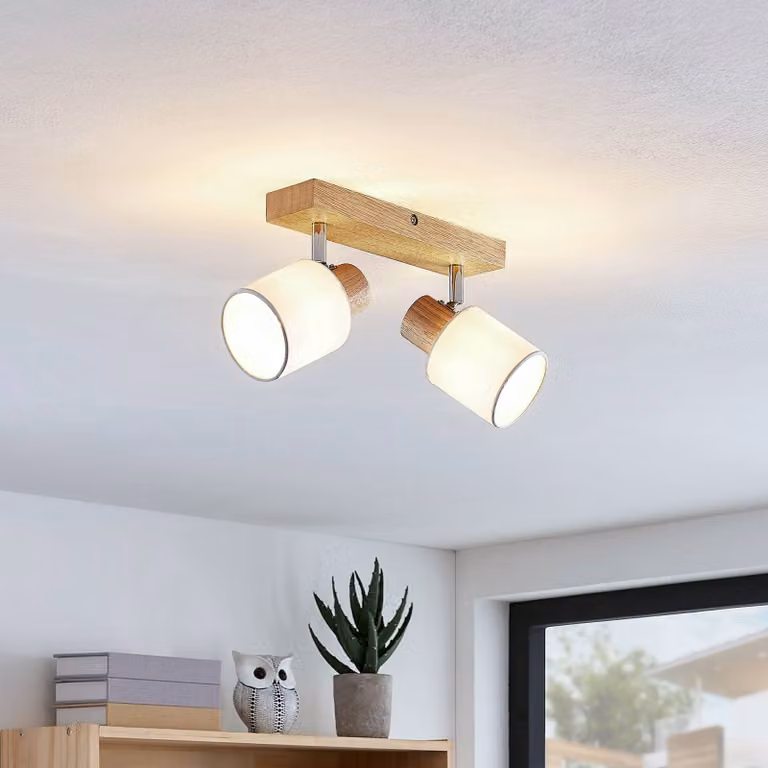 Lindby Wanessa, faretto da soffitto, 39 cm, a 2 luci, legno, bianco, E14 Wanessa Lindby, dimmerabile, Legno chiaro, Soggiorno / Sala da pranzo, Legno, Moderno, Faretto