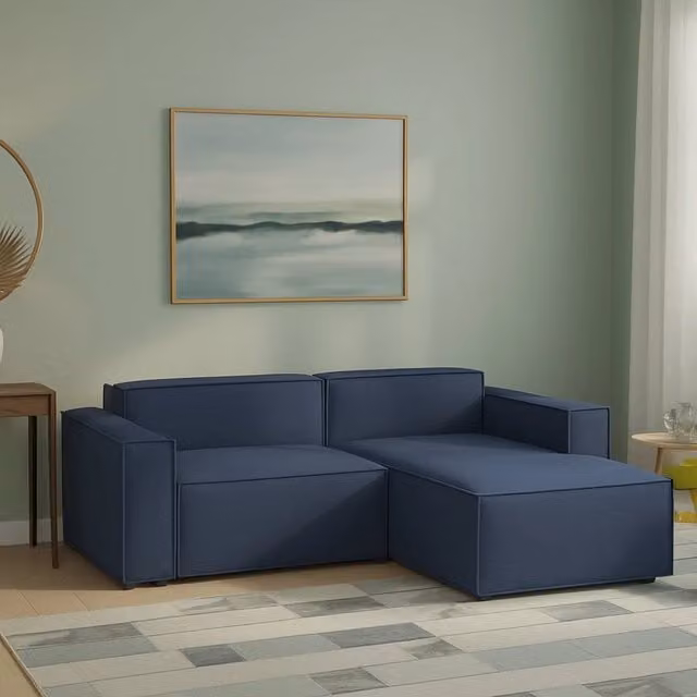 Divano componibile Ameli TALAMO ITALIA con penisola destra, modello moderno in tessuto blu con funzione letto e coperture rimovibili, L: 240 cm, P: 170 cm, H: 70 cm