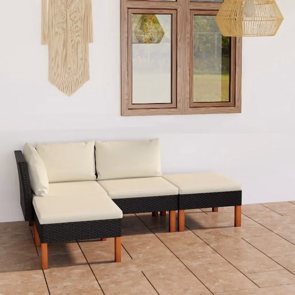 Set Salotto da Giardino a L con Divano a 3 Posti, Elemento Angolare e Ottoman in Polyrattan Nero e Bianco con Cuscini Removibili – 2