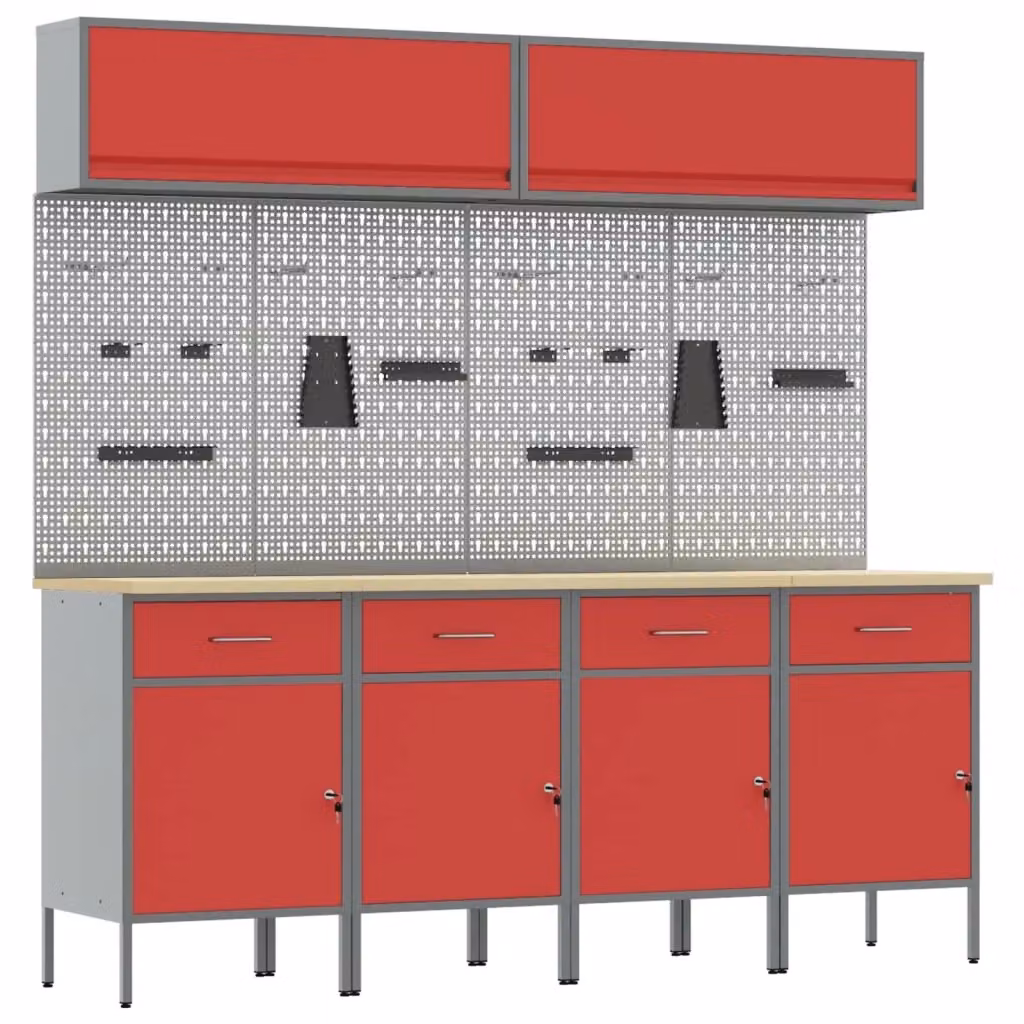 Set di 10 mobili da lavoro vidaXL in acciaio e legno con cassetto bloccabile, colore rosso