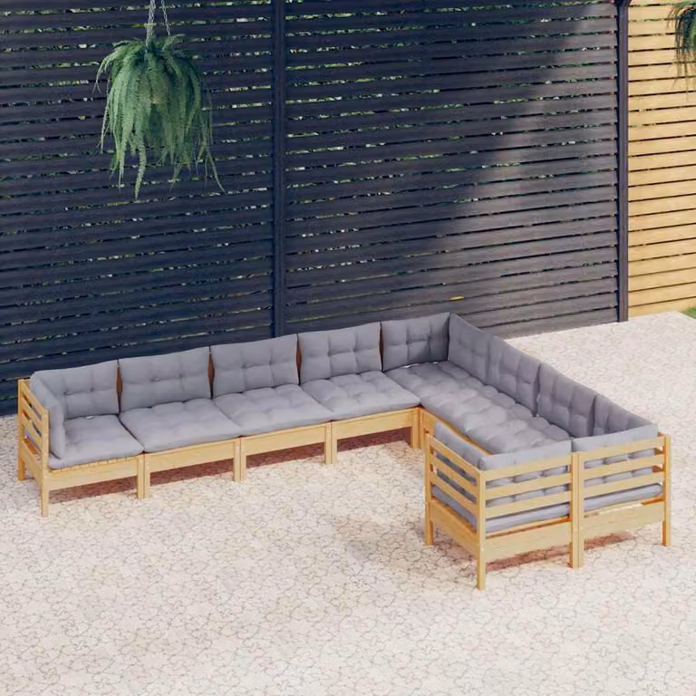 vidaXL Set Divani da Giardino a L in Legno di Pino con Cuscini Grigi, 9 Pezzi