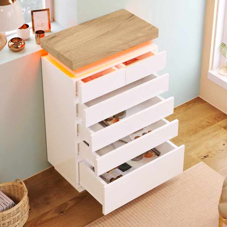 Flieks mobile da soggiorno con 6 cassetti, credenza con LED, credenza a cassettiera alta, 73x39x115cm, bianco