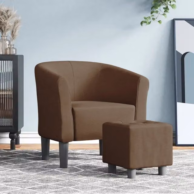 Poltrona Cabriolet con Poggiapiedi vidaXL in Tessuto Marrone con Struttura in Legno e Plastica L/P/H: 70 x 68 x 56 cm – 1