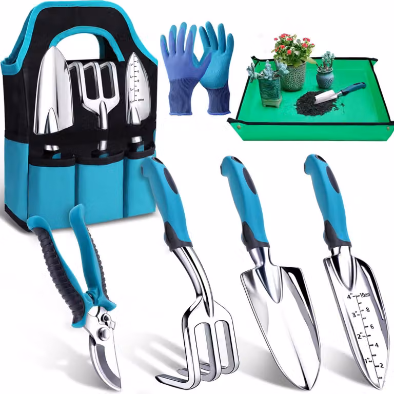 Set attrezzi da giardino - 7 pezzi - Alluminio con borsa di stoccaggio e tappetino per rinvasare - Set per il giardinaggio