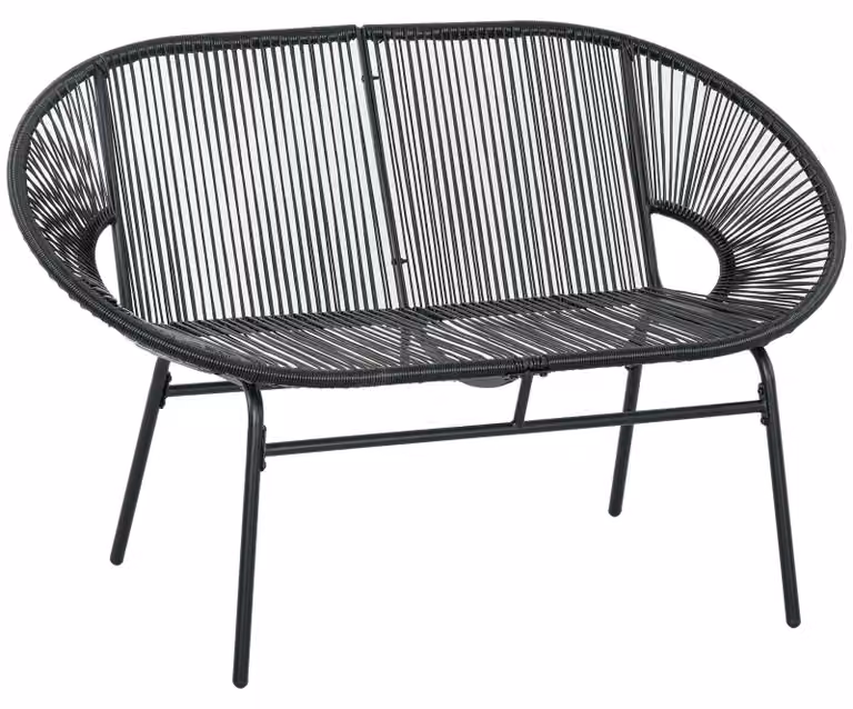 Moonbite, panca da giardino in rattan sintetico, modello a 2 posti, con struttura in acciaio resistente fino a 260 kg, braccioli curvi, dimensioni 132 × 72 × 83 cm, colore nero