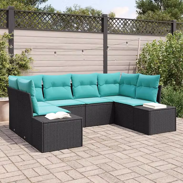 Set Divano da Giardino vidaXL a forma a U composto da 6 pezzi in rattan nero con cuscini rimovibili e struttura in acciaio verniciato a polvere