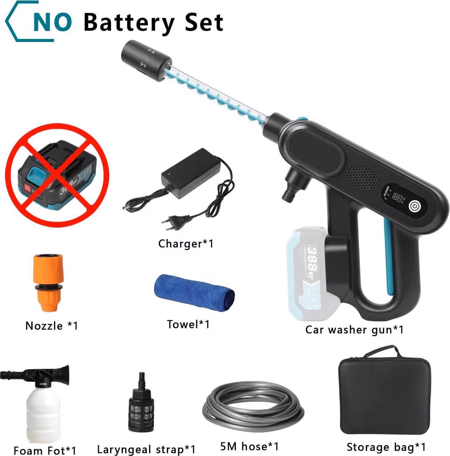 Idropulitrice portatile ad alta pressione - Pistola lavante senza spazzole - 220 bar - 3 modalità - Tubo da 5 metri - 18V, 1 batteria, spina di tipo EU