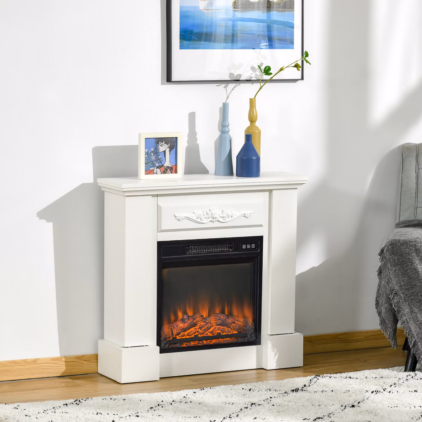 Camino Elettrico da Terra HOMCOM da 1800W con Effetto Fiamma, Telecomando, Timer e Temperatura Regolabile, Bianco – 2