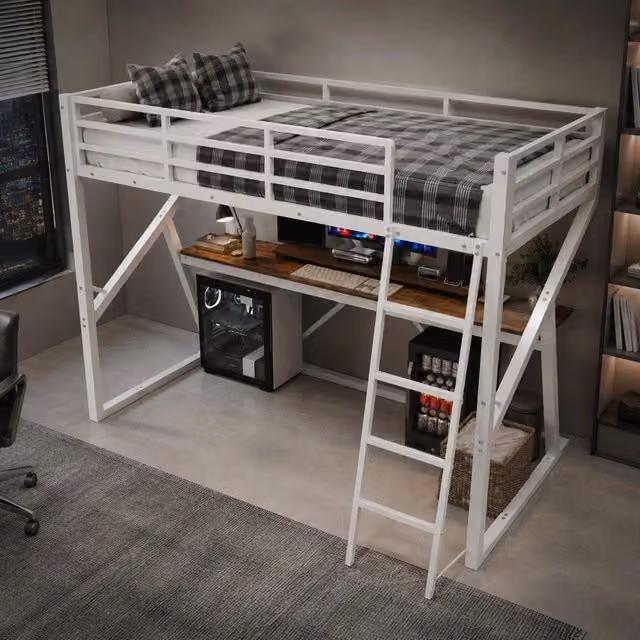 Letto a soppalco ULEVR 90x200 cm con scrivania, scala, sponde e LED multicolore, metallo e MDF bianco