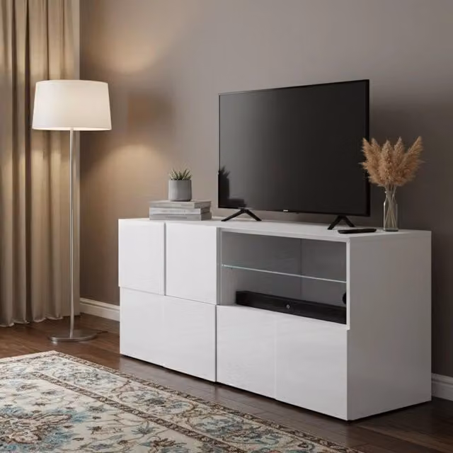 Mobile porta TV Ward, Credenza da soggiorno, Armadio basso per TV, Base parete attrezzata, Made in Italy, 122x43 h57 cm, Bianco lucido