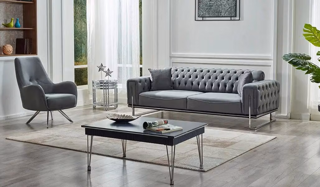 Modern Design Sofagarnitur 2tlg Grau Polster Sitz Chesterfield Couchen