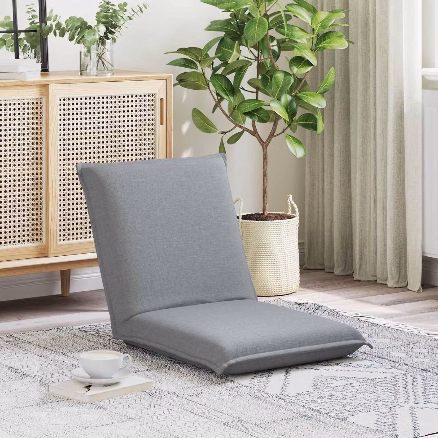 Poltrona da pavimento grigio scuro in tessuto, con schienale regolabile in diverse posizioni, con altezza regolabile da 64 a 112 cm, imbottita e pieghevole, ideale per il soggiorno, la camera da letto, la meditazione e il gioco