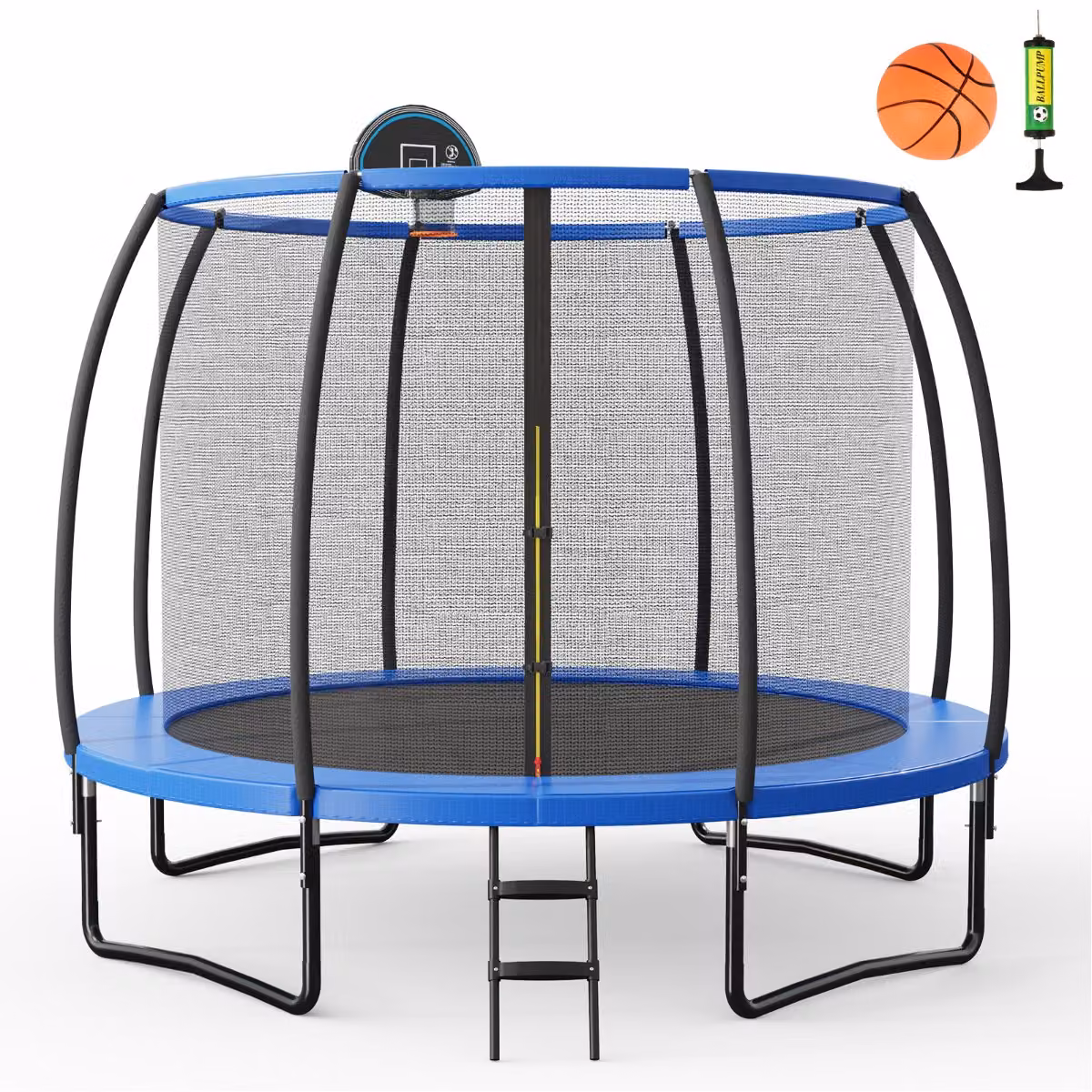 Trampolino elastico Costway con anello da basket, rete di sicurezza e scaletta a 2 gradini, Diametro: 305 cm