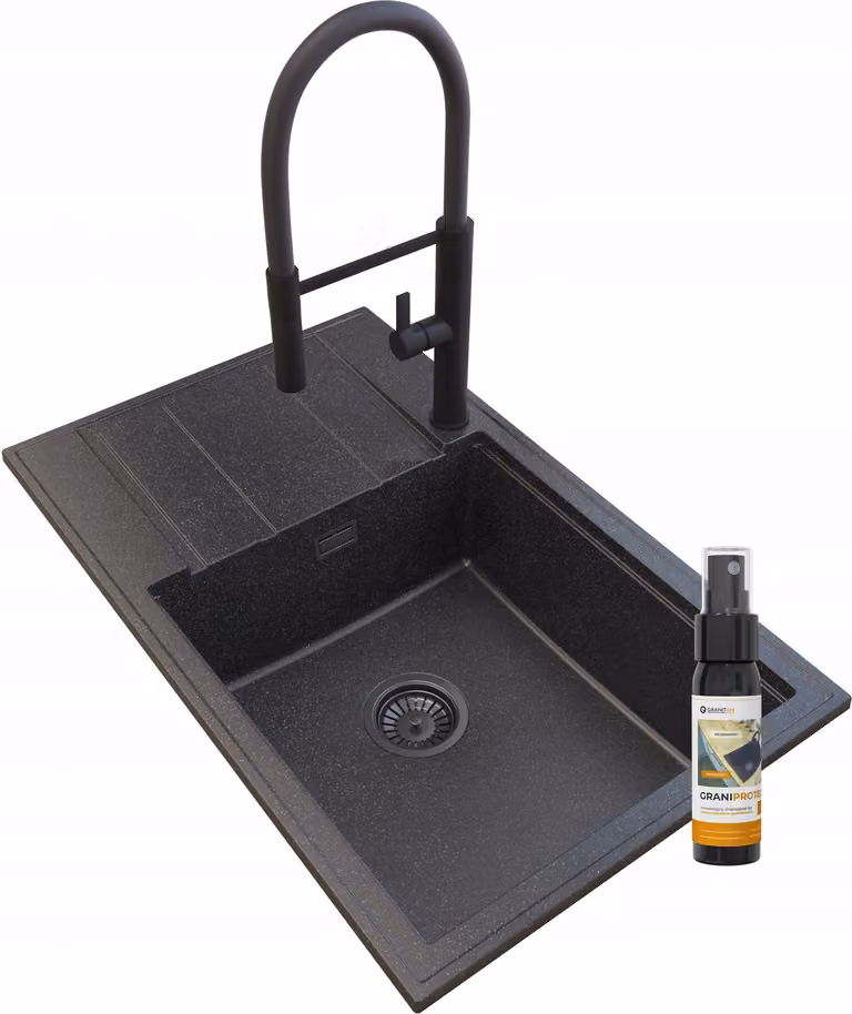 Granitan - Lavello in granito - Lavello da cucina - 80x50 cm - Nero - con rubinetteria FULL e scolapiatti - LOUIS