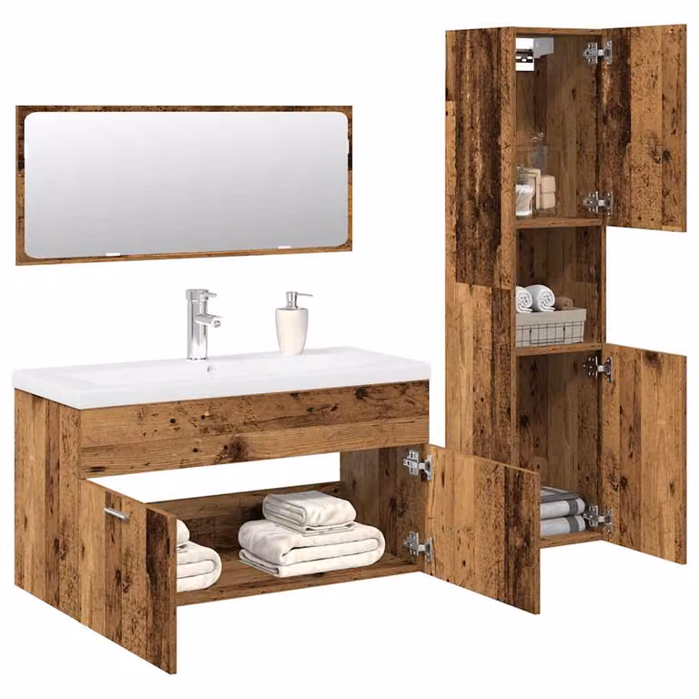 Set Mobili da Bagno vidaXL in Legno e Vetro, Colore Marrone e Bianco, Stile Classico con Mobile Lavabo e Pensile a Parete