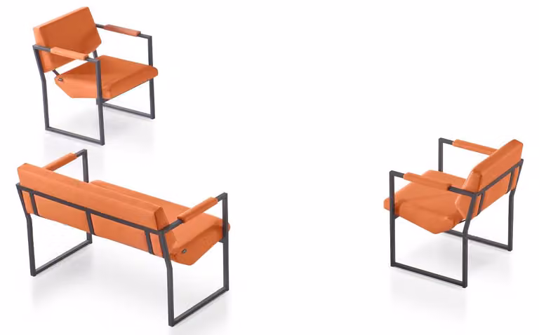 Orange Kunstleder Bürogarnitur Designer Leder Dreisitzer 2x Sessel 3tlg
