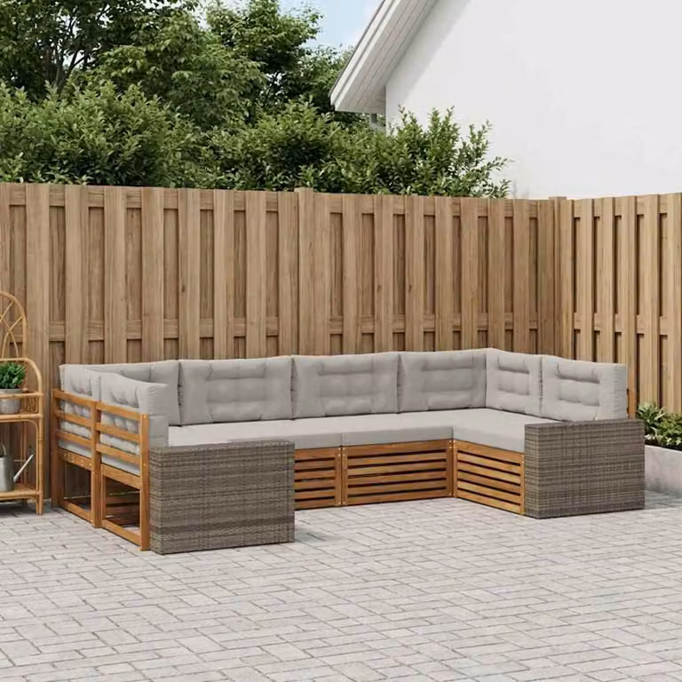 Set di divani da esterno vidaXL a forma di L composto da 6 pezzi in legno di acacia con cuscini in tessuto beige e grigio