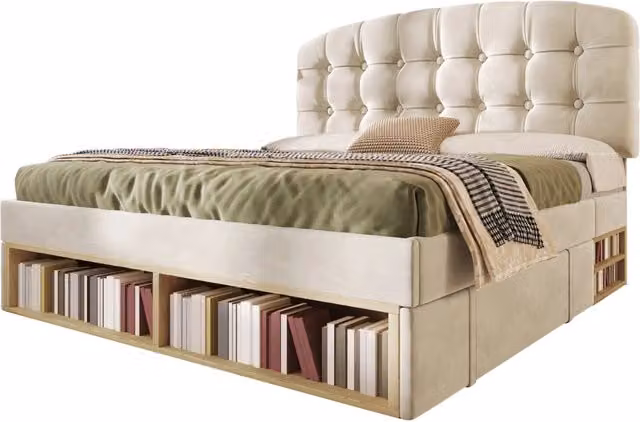 Letto Matrimoniale 140x190 Imbottito in Velluto Beige con Testiera Curva Regolabile; Cassetti e Vani Portaoggetti
