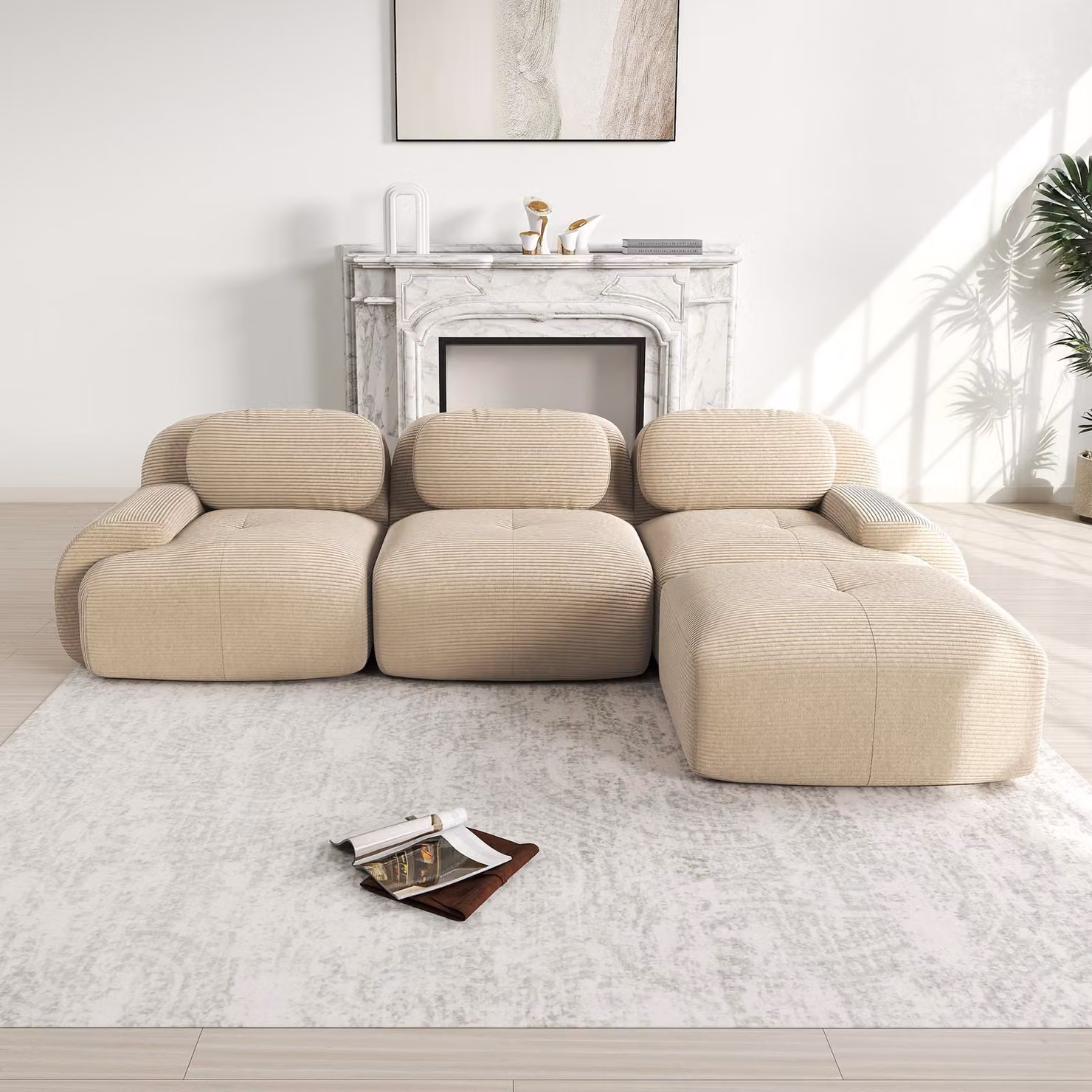 Divano angolare componibile Sweiko senza montaggio, ergonomico e adatto agli animali domestici, in tessuto a coste con braccioli extra larghi, rivestimento altamente elastico 32D per soggiorno e camera da letto, beige