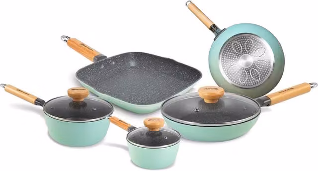 Set di Pentole e Padelle Aeternum con Coperchi in Vetro, Rivestimento Antiaderente, Colore Verde, Compatibile con Induzione