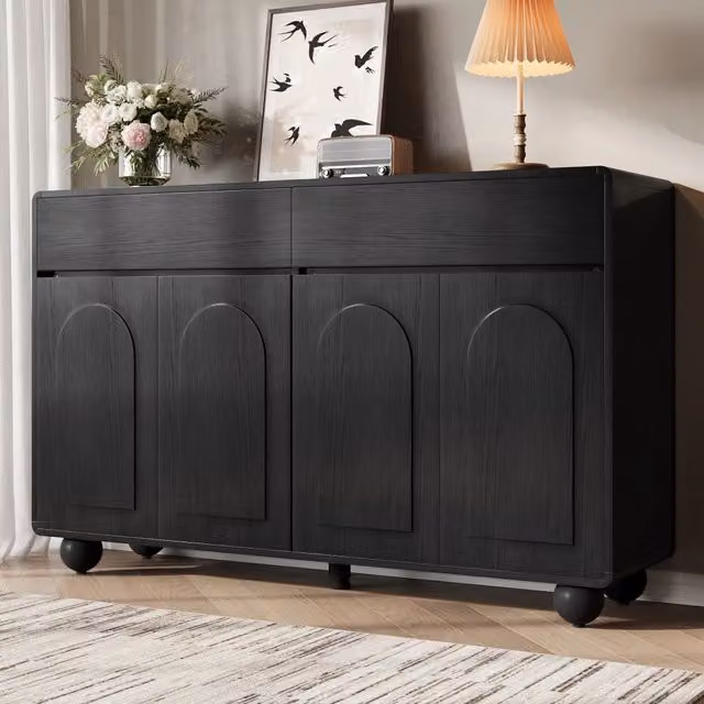 Credenza 140x38x89 cm con 2 cassetti e 4 ante ad arco; in PB e MDF; nera