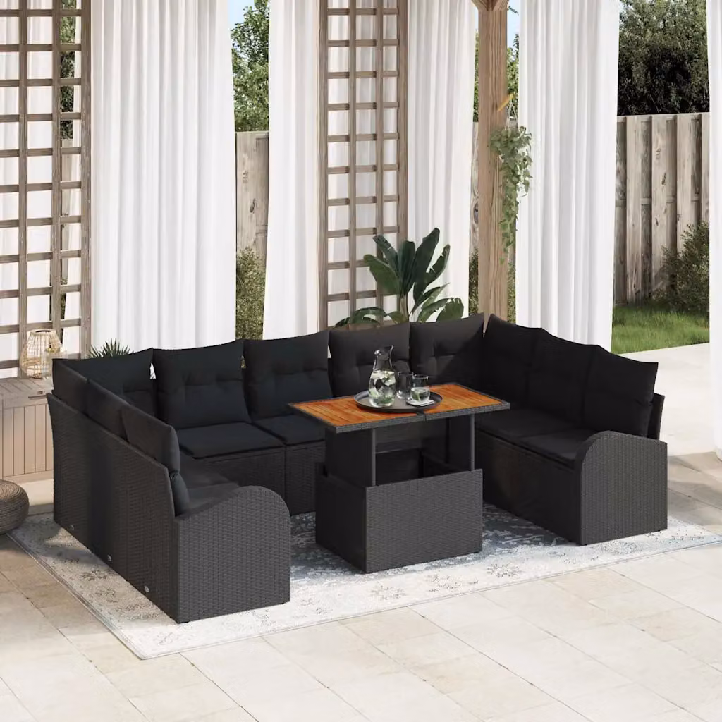 Set Divano da Giardino vidaXL 10 Pezzi in Polyrattan Nero e Marrone con Cuscini in Legno di Acacia – 1